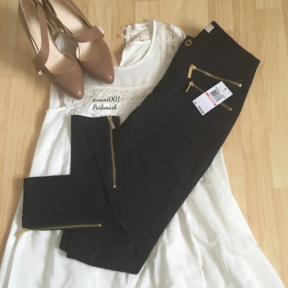 Zippers Michael Kors Skinny Navy Pants w/ Gold Accents NWT - Picture 2 of 4